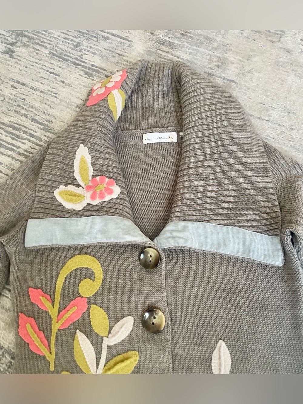 Vintage Anthropologie Charlie & Robin Shawl Collar Sweater with Flowers, Size L - Picture 3 of 11